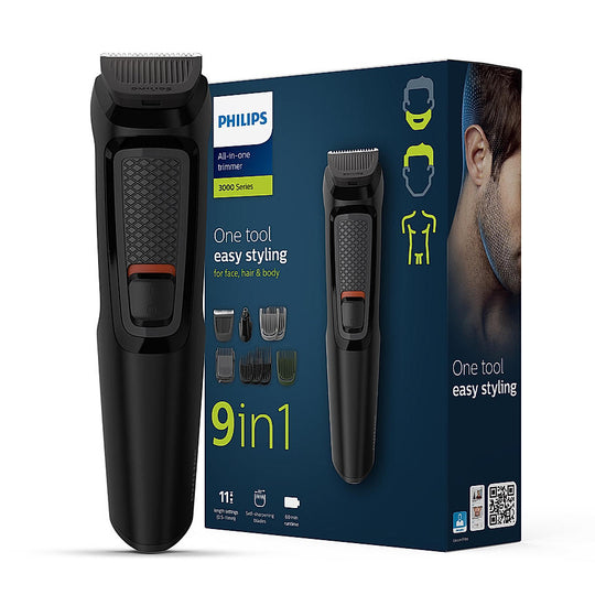 Philips India's No.1 Men's Trimmer- | 9 in 1 Face, Nose and Body , Effortless Grooming at Home , Self Sharpening Stainless Steel Blades , No Oil Needed , 3 year warranty , 60 min runtime, MG3710/65