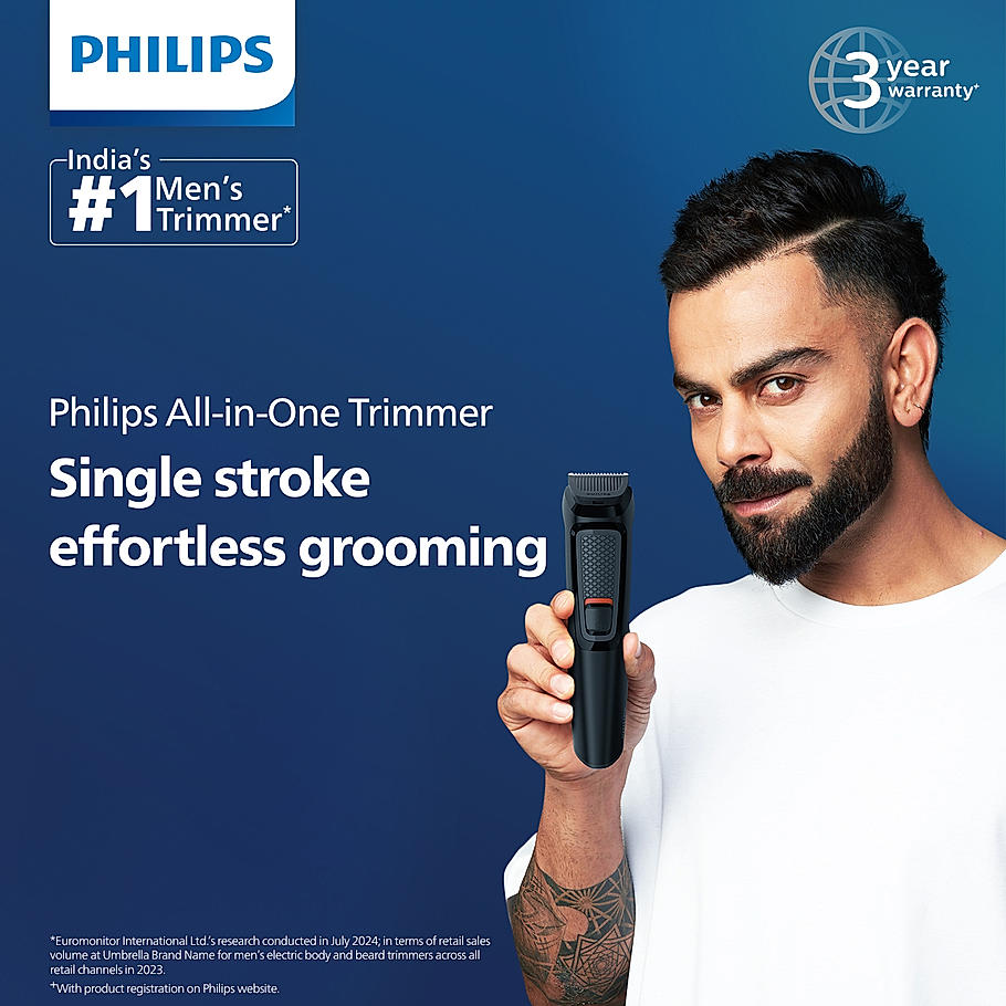 Philips India's No.1 Men's Trimmer- | 9 in 1 Face, Nose and Body , Effortless Grooming at Home , Self Sharpening Stainless Steel Blades , No Oil Needed , 3 year warranty , 60 min runtime, MG3710/65