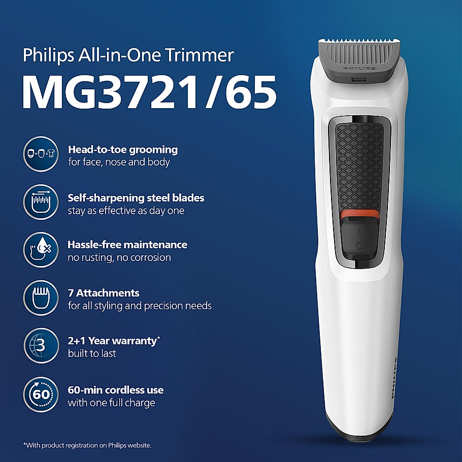 Philips India's No.1 Men's Trimmer- | 7 in 1 Pro Kit Face, Body & Private Part, MG3721/65