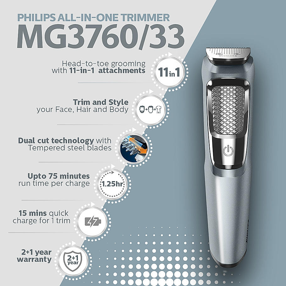 Philips All in One Trimmer - | 11 in 1 for Face, Head and Body | 75 Mins Run Time with Quick Charge | MG3760/33