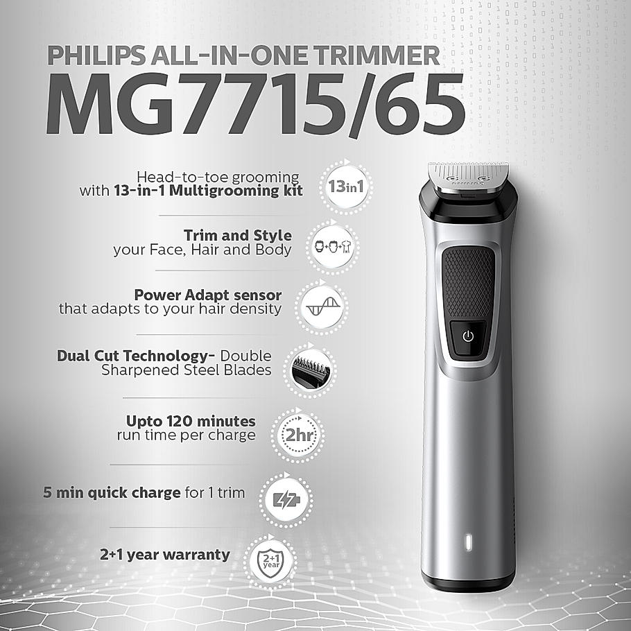Philips All in One Trimmer - | 13 in 1 Face, Body & Private Parts I DualCut Technology I 120 min runtime I 5 min Quick Charge | 3 Year Warranty I MG7715/65