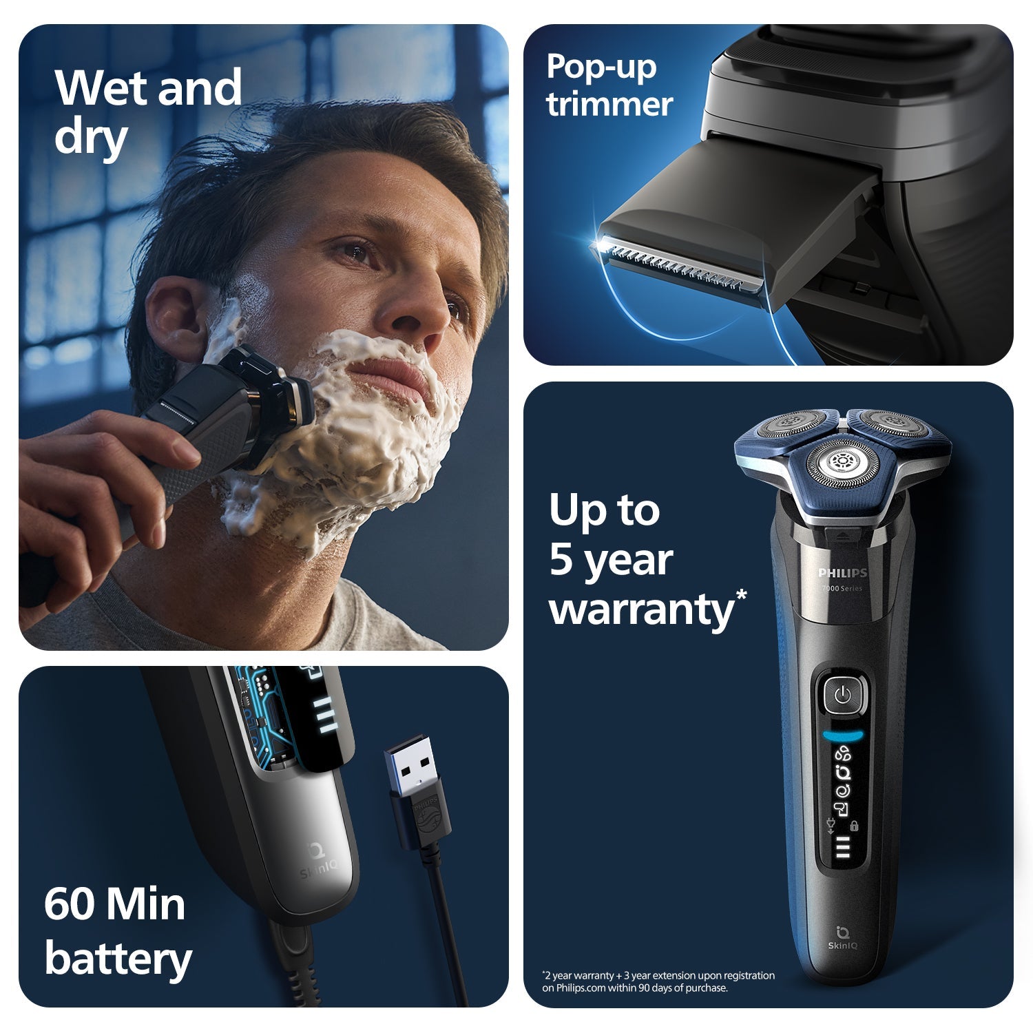 Philips Electric Shaver for Men | Close shave, advanced skin protection with advanced SkinIQ Technology | Smooth glide, close shave, even on 3-day beards | Senses, Adapts and guides on the correct motion | 360 D Flexing heads | S7887/35