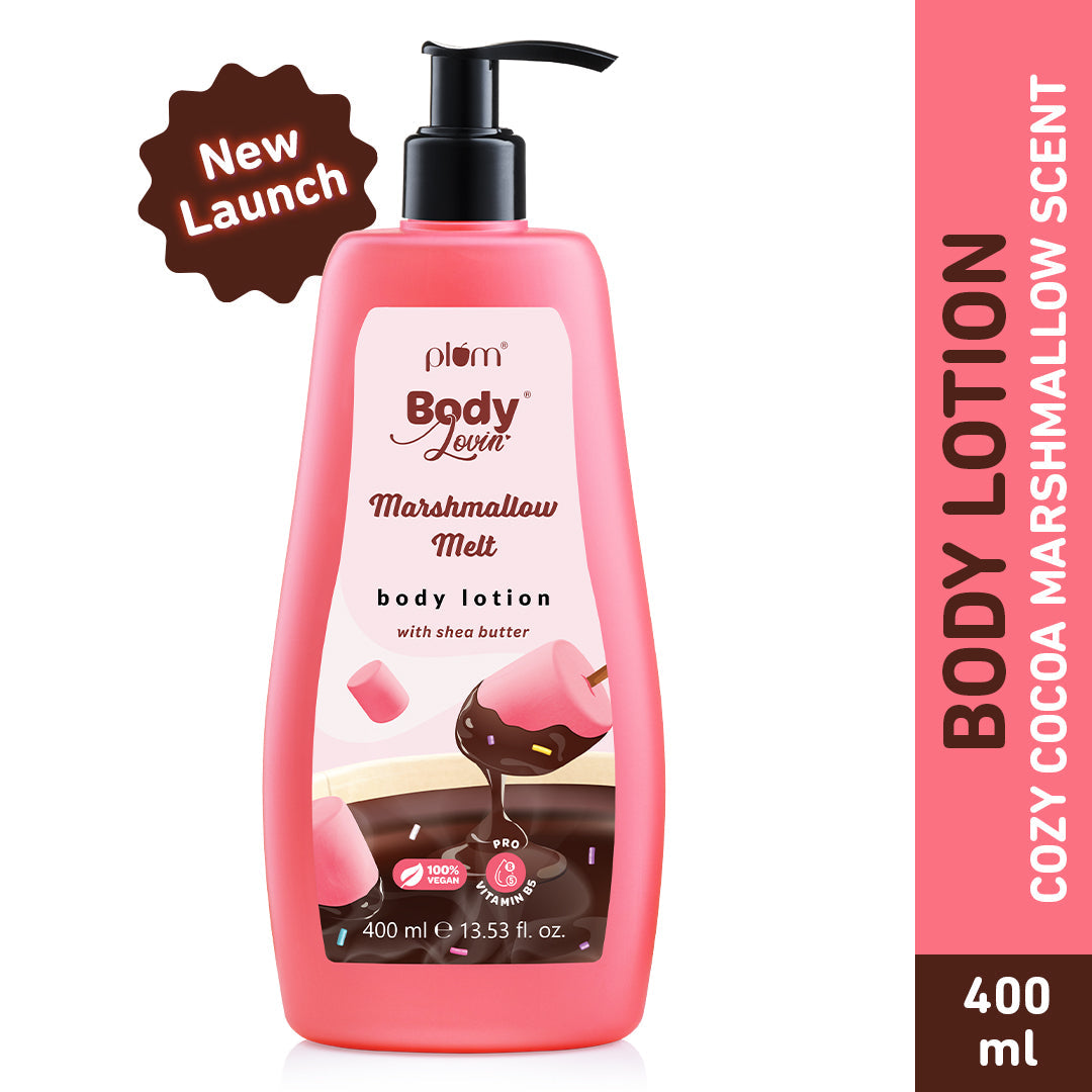Plum Marshmallow Melt Body Lotion by Plum BodyLovin' | Instant & Intense Moisturization | Shea Butter & Vitamin B5 | Marshmallow Cocoa Fragrance | Non-Greasy | Normal To Dry Skin, 400ml