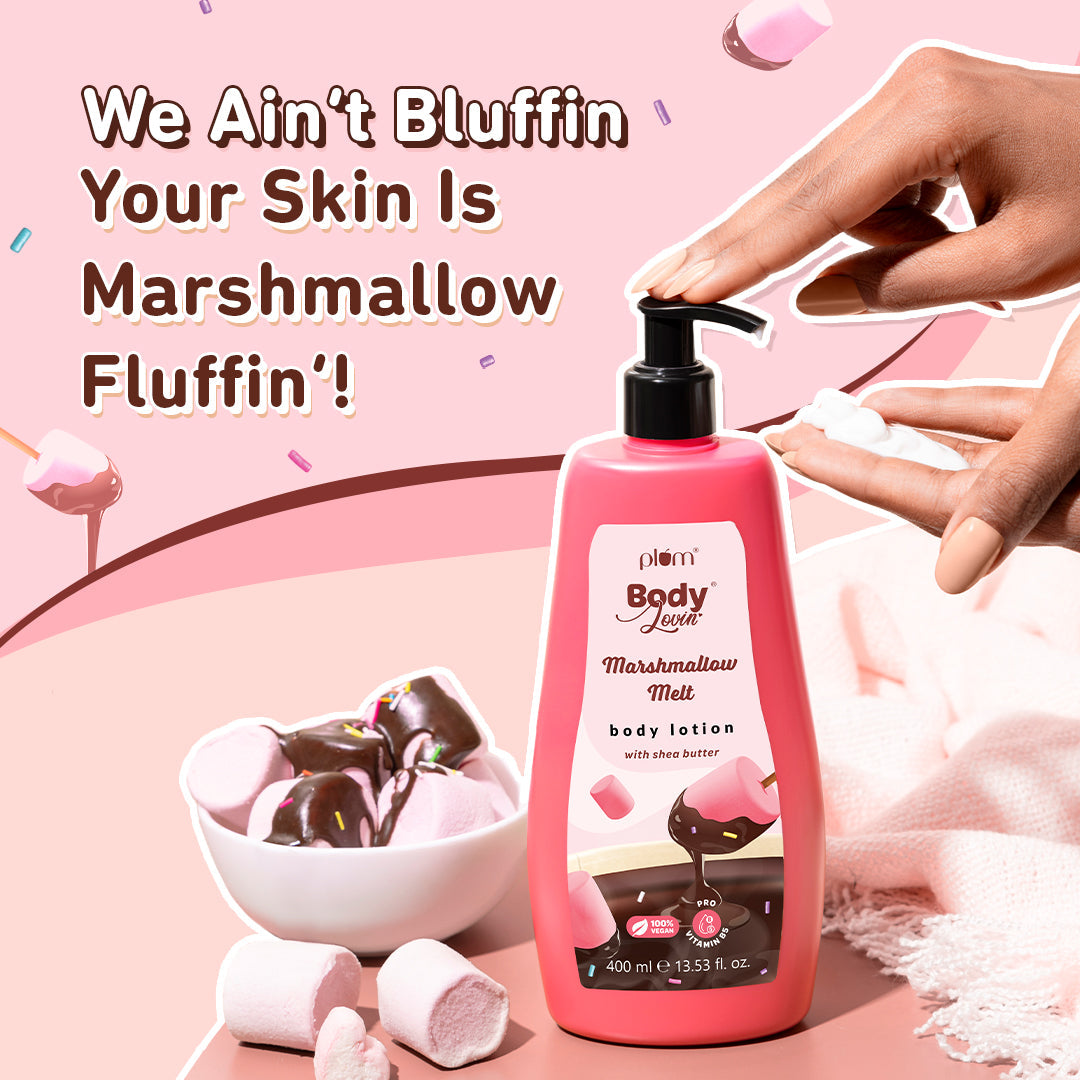 Plum Marshmallow Melt Body Lotion by Plum BodyLovin' | Instant & Intense Moisturization | Shea Butter & Vitamin B5 | Marshmallow Cocoa Fragrance | Non-Greasy | Normal To Dry Skin, 400ml