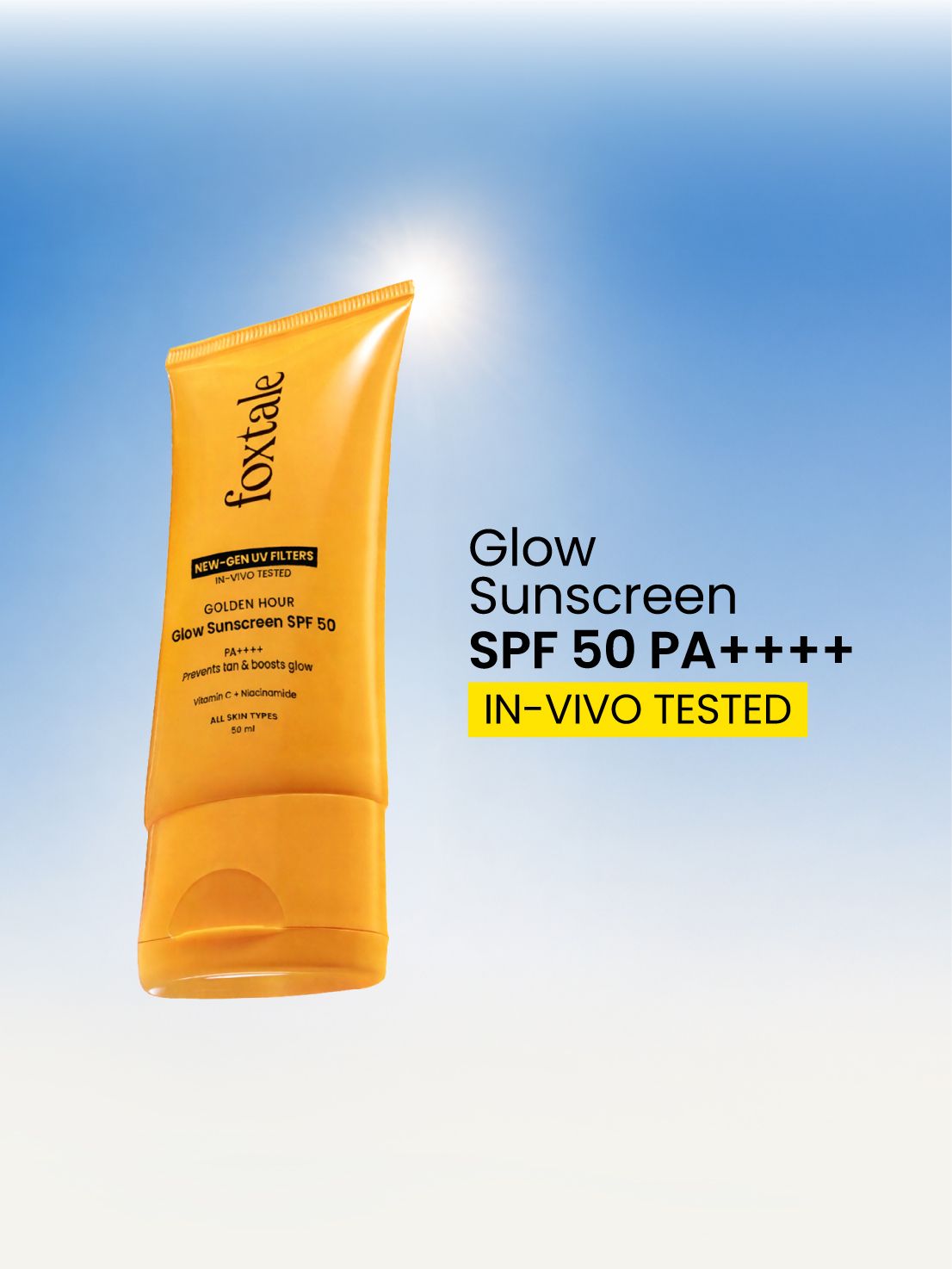 Foxtale Glow sunscreen SPF 50, In-Vivo Tested with PA++++ Bright, Protected Skin with Vitamin C + Niacinamide | 100% New-Gen UV Filters | 50ml - Image 2 - Buy from Indicrest