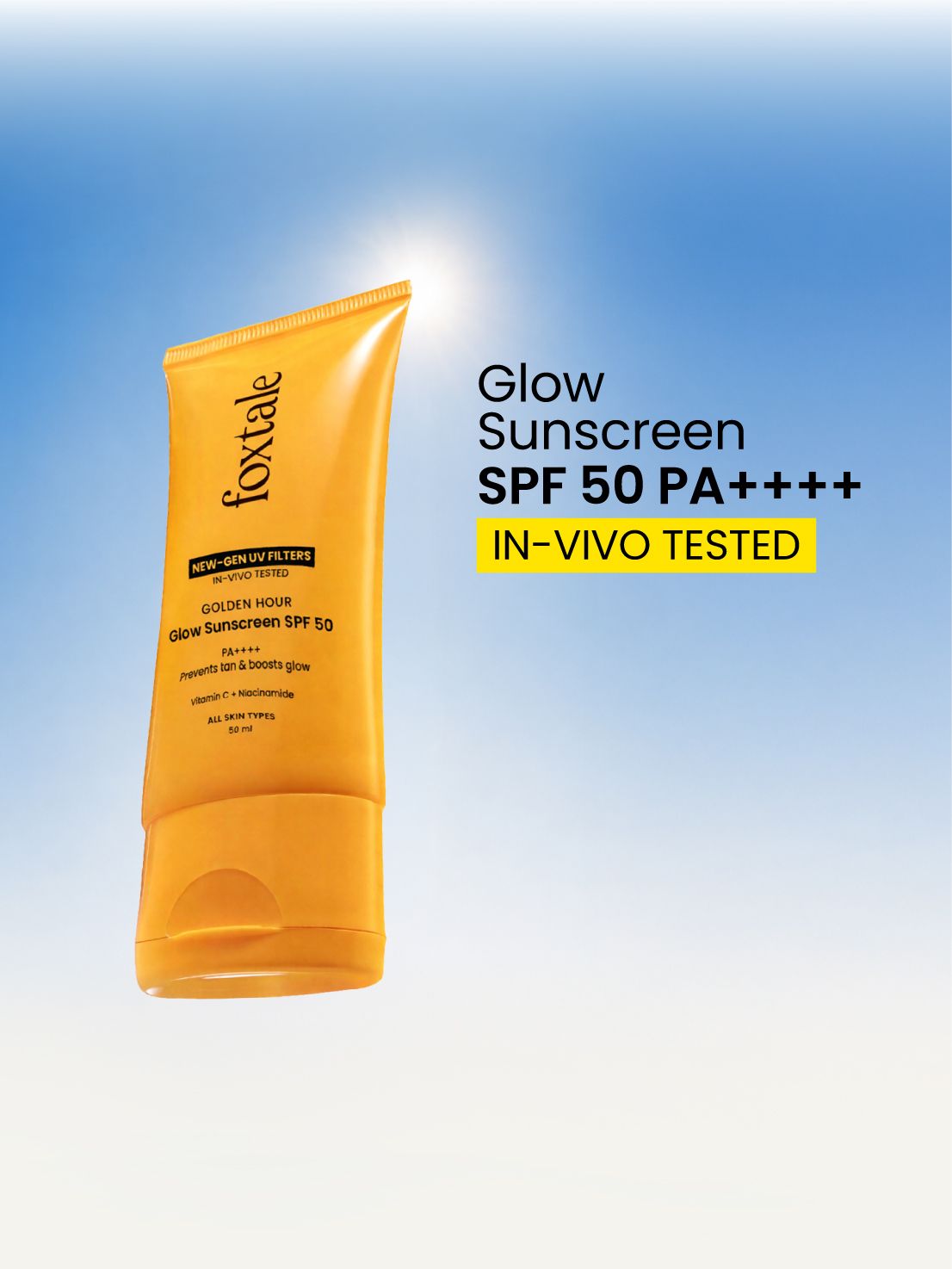 Foxtale Glow sunscreen SPF 50, In-Vivo Tested with PA++++ Bright, Protected Skin with Vitamin C + Niacinamide | 100% New-Gen UV Filters | 50ml - Image 3 - Buy from Indicrest