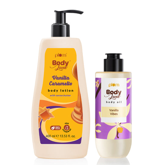 Plum Moisture Superstars Duo by Plum BodyLovin' | Vanilla Caramello Body Lotion | Vanilla Vibes Body Oil | Intense Moisturse | Glowing Skin | Warm Vanilla Delicious Fragrance Buy at Indicrest