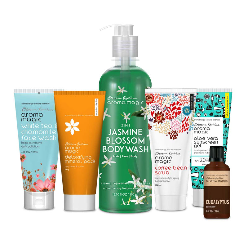 Aroma Magic Monsoon Care Regime, Face Wash 100ml +  Aloe Vera Sunscreen 100ml + Jasmine Blossom Body Wash 220ml + Eucalyptus Essential Oil 20ml + Coffee Bean Scrub 100ml + Detoxifying Mineral Pack 100g - Buy from Indicrest