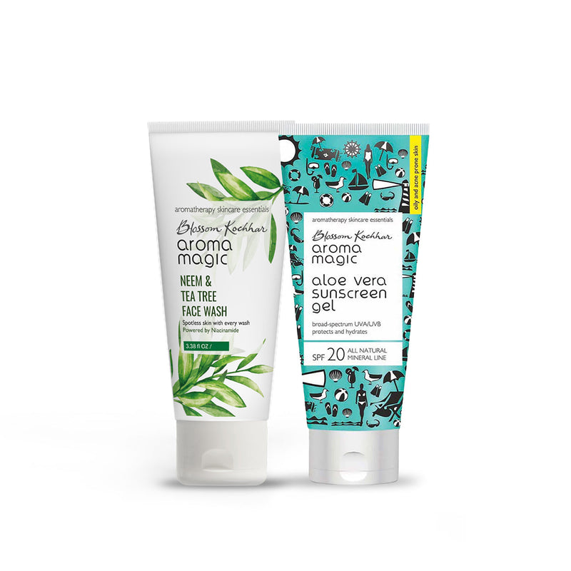 Aroma Magic Acne Prone Skin Combo - Neem & Tea Tree Face Wash | Aloe Vera Sunscreen Gel, Face Wash 100ml +  Aloe Vera Sunscreen Gel 100ml - Buy from Indicrest