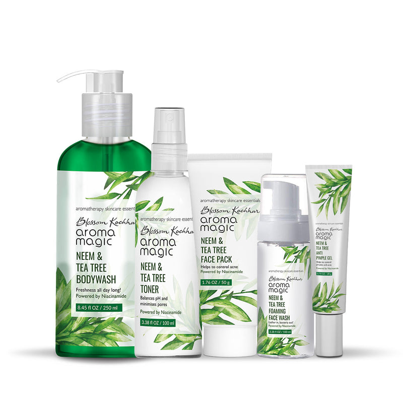 Aroma Magic Neem & Tea Tree Anti Pimple Combo - Niacinamide, Neem & Tea Tree Foaming Face Wash 100ml + Neem & Tea Tree Face Pack 50g + Neem & Tea Tree Toner 100ml + Neem & Tea Tree Body Wash 250ml + Neem & Tea Tree Anti Pimple Gel 20g - Buy from Indicrest
