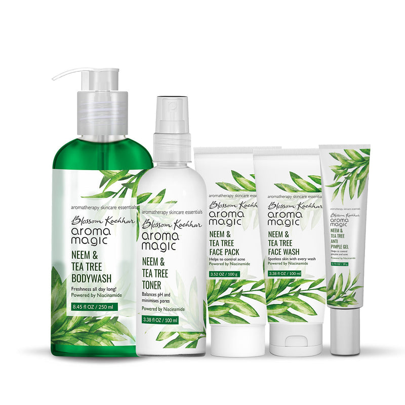 Aroma Magic Neem & Tea Tree Face & Body Care Combo - Niacinamide, Neem & Tea Tree Face Wash 100ml + Neem & Tea Tree Face Pack 100g + Neem & Tea Tree Toner - 100ml + Neem & Tea Tree Body Wash 250ml + Neem & Tea Tree Anti Pimple Gel - 20g - Buy from Indicrest