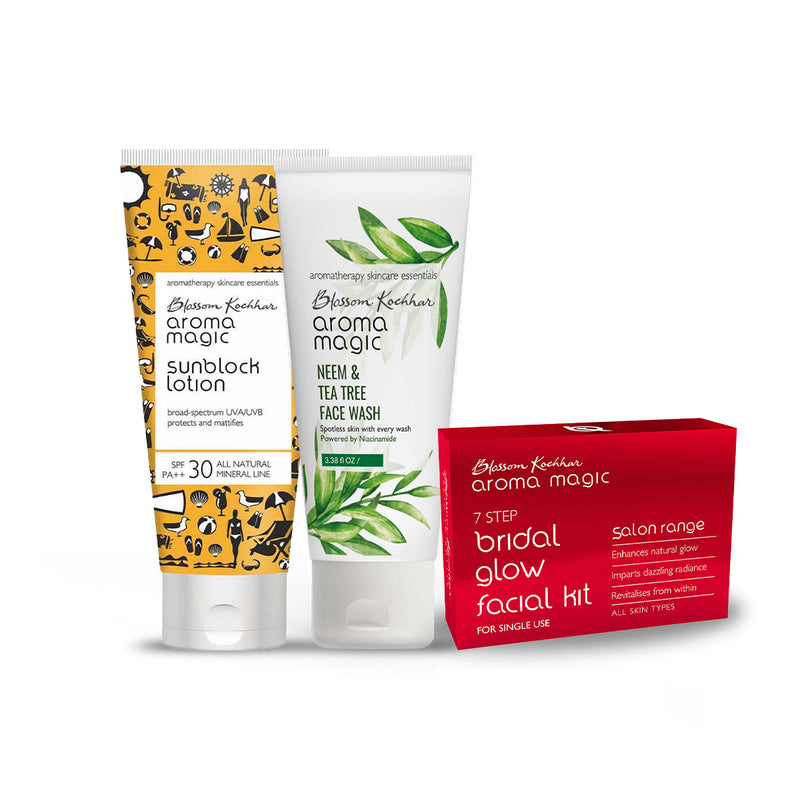 Aroma Magic Neem & Tea Tree Face Wash + Bridal Glow Facial Kit - Single Use + Sunblock Lotion, Neem & Tea Tree Face Wash 100ml + Bridal Glow Facial Kit - Single Use + Sunblock Lotion 100ml - Buy from Indicrest
