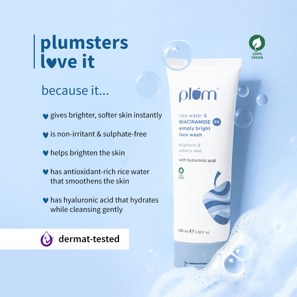 Plum 2% Niacinamide & Rice Water Face Wash | Removes 99% Impurities | Gentle & Non-Drying | Dermat-Tested, 150ml