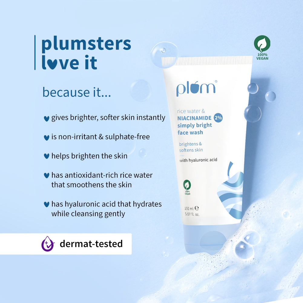 Plum 2% Niacinamide & Rice Water Face Wash | Removes 99% Impurities | Gentle & Non-Drying | Dermat-Tested, 150ml