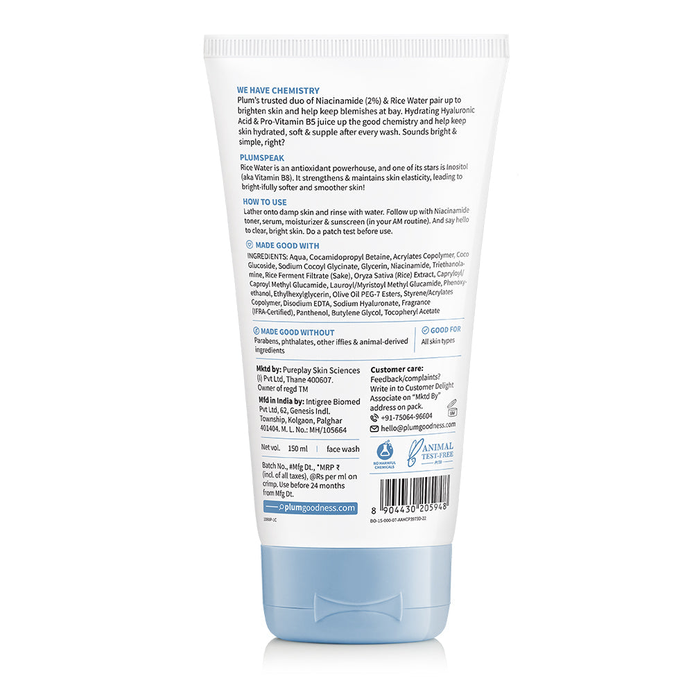 Plum 2% Niacinamide & Rice Water Face Wash | Removes 99% Impurities | Gentle & Non-Drying | Dermat-Tested, 150ml