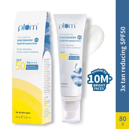 Plum 2% Niacinamide & Rice Water SPF 50 PA++++ Brightening Sunscreen | 3X Tan Reduction | 4-Hr Water Resistant | Dermat-Tested | No White Cast, 80g Buy at Indicrest
