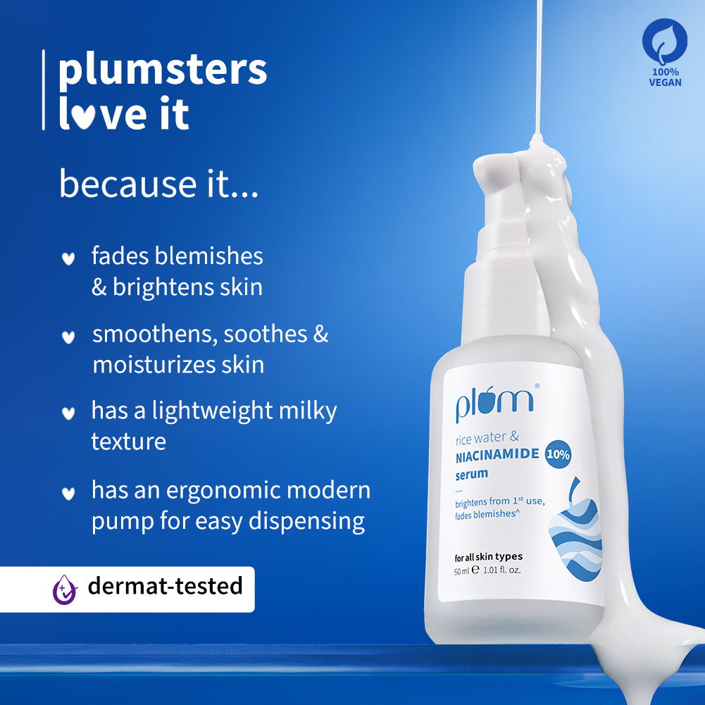 Plum 10% Niacinamide & Rice Water Brightening Face Serum | Brightens From 1st Use | 2X Instant Hydration | Dermat-Tested, 50ml