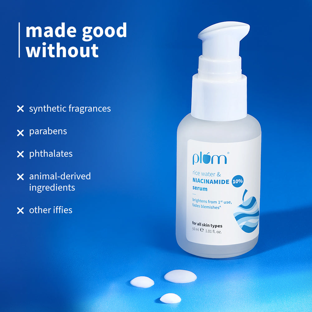 Plum 10% Niacinamide & Rice Water Brightening Face Serum | Brightens From 1st Use | 2X Instant Hydration | Dermat-Tested, 50ml