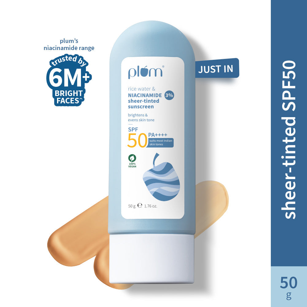 Plum 3% Niacinamide & Rice Water SPF 50 Sheer-Tinted Sunscreen | Universal Tint For Most Indian Skin Tones | Non-Greasy, 50g