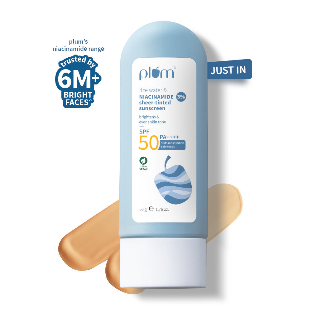 Plum 3% Niacinamide & Rice Water SPF 50 Sheer-Tinted Sunscreen | Universal Tint For Most Indian Skin Tones | Non-Greasy, 50g