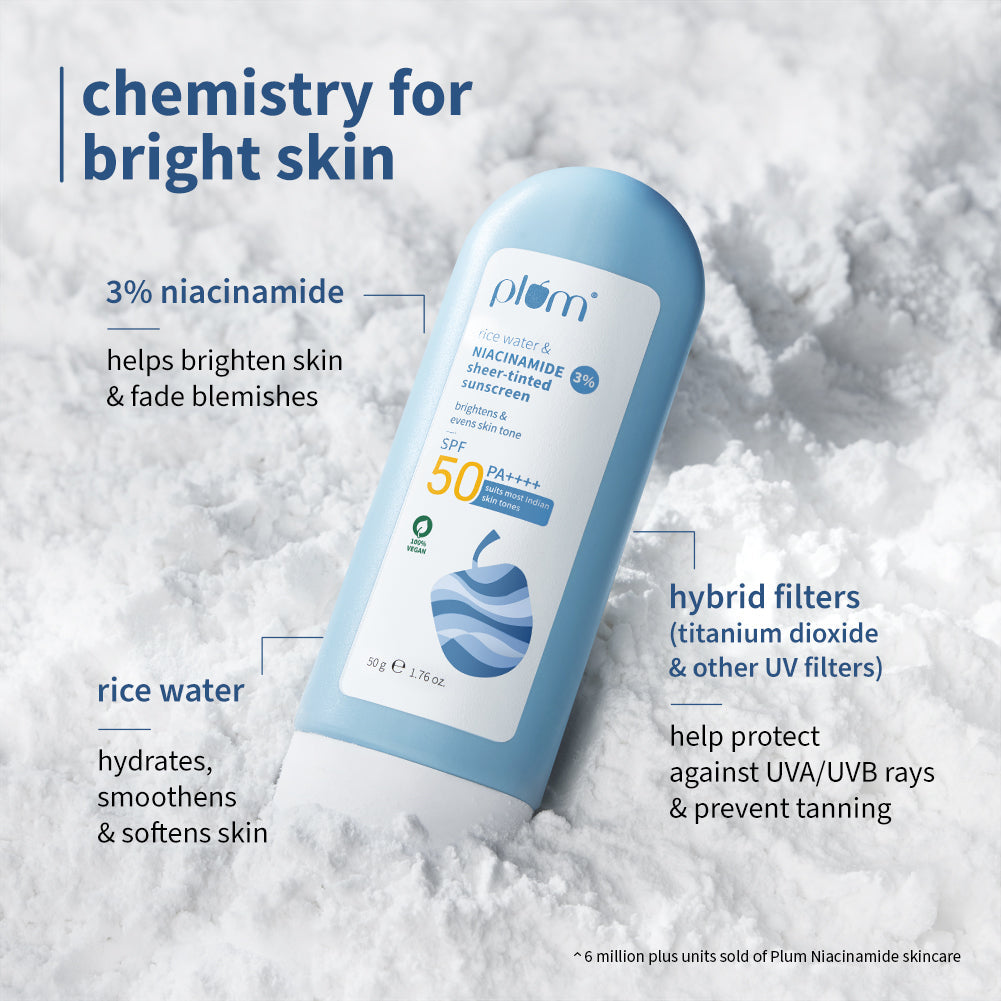 Plum 3% Niacinamide & Rice Water SPF 50 Sheer-Tinted Sunscreen | Universal Tint For Most Indian Skin Tones | Non-Greasy, 50g