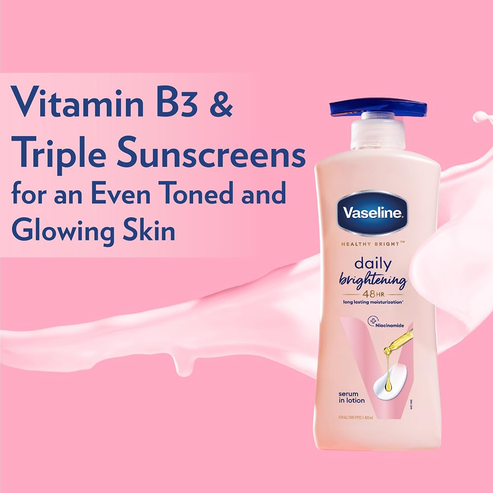 Vaseline daily brightening lotion on a pink background with text about Vitamin B3 and sunscreens.