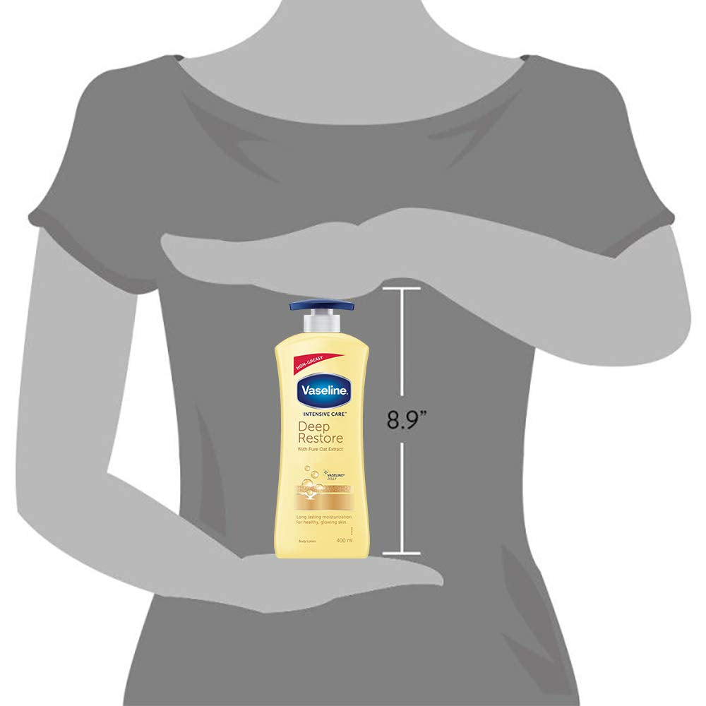 Vaseline Deep Restore lotion bottle held by a gray silhouette of a person, with dimensions indicated.