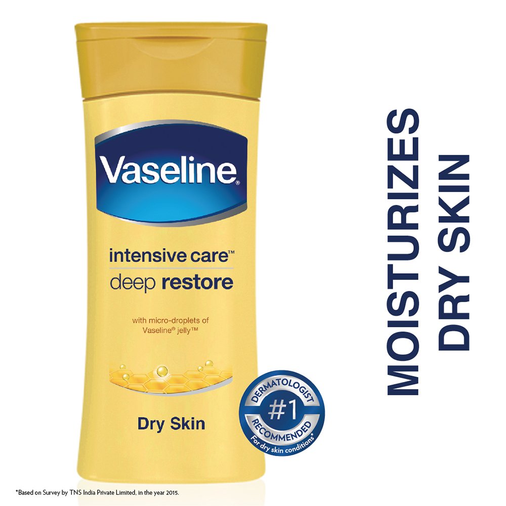 Vaseline intensive care deep restore lotion bottle on a white background