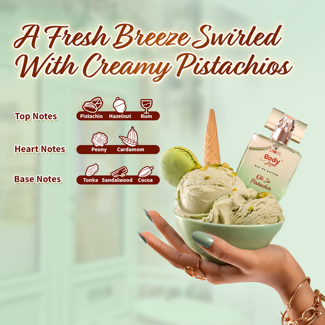 Plum Oh So Pistachio Eau De Parfum (Perfume) by Plum BodyLovin' | Long Lasting | Summer Gourmand Fragrance | Supremely Luxurious, 50ml