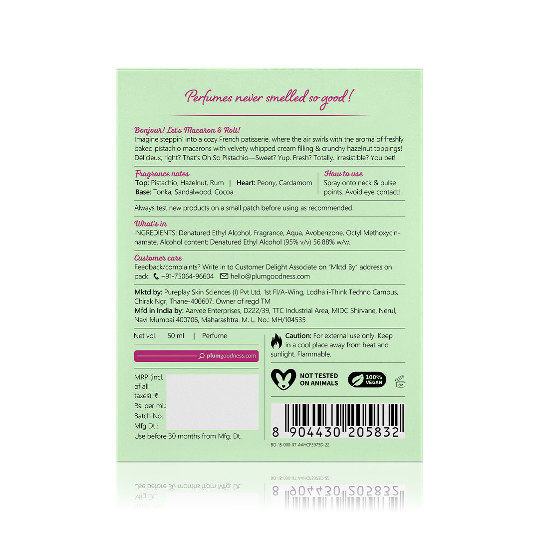 Plum Oh So Pistachio Eau De Parfum (Perfume) by Plum BodyLovin' | Long Lasting | Summer Gourmand Fragrance | Supremely Luxurious, 50ml