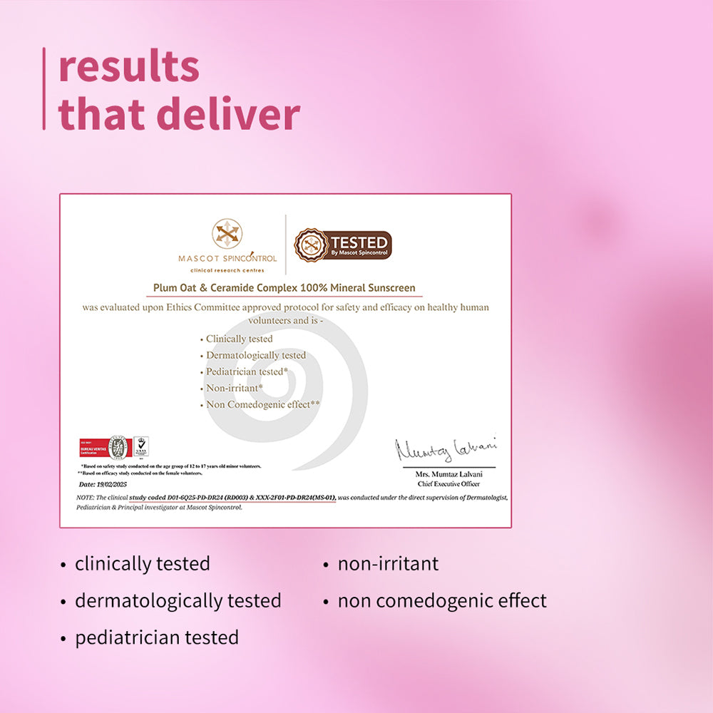 Plum Plum Oat & Ceramide Complex 100% Mineral Sunscreen | Spf 50 PA+++ | No White Cast | For Sensitive Skin | Gynaecologist & Pediatrician Trusted | Strengthens Skin Barrier | Lightweight, Non-Oily | Men & Women, 50g