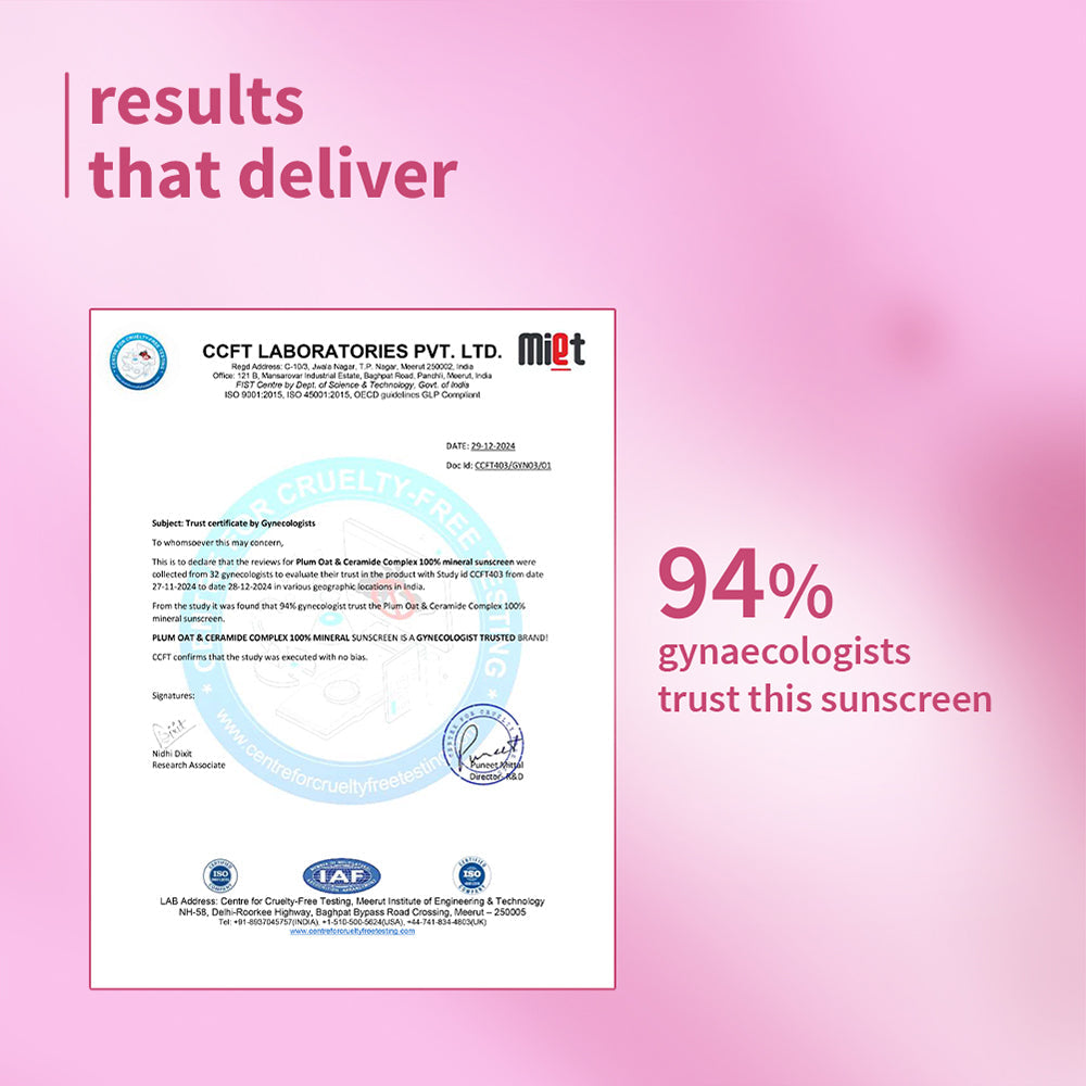 Plum Plum Oat & Ceramide Complex 100% Mineral Sunscreen | Spf 50 PA+++ | No White Cast | For Sensitive Skin | Gynaecologist & Pediatrician Trusted | Strengthens Skin Barrier | Lightweight, Non-Oily | Men & Women, 50g