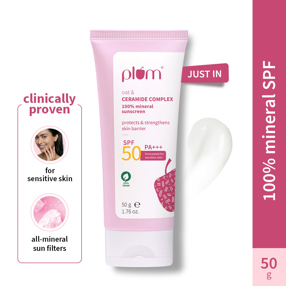 Plum Plum Oat & Ceramide Complex 100% Mineral Sunscreen | Spf 50 PA+++ | No White Cast | For Sensitive Skin | Gynaecologist & Pediatrician Trusted | Strengthens Skin Barrier | Lightweight, Non-Oily | Men & Women, 50g