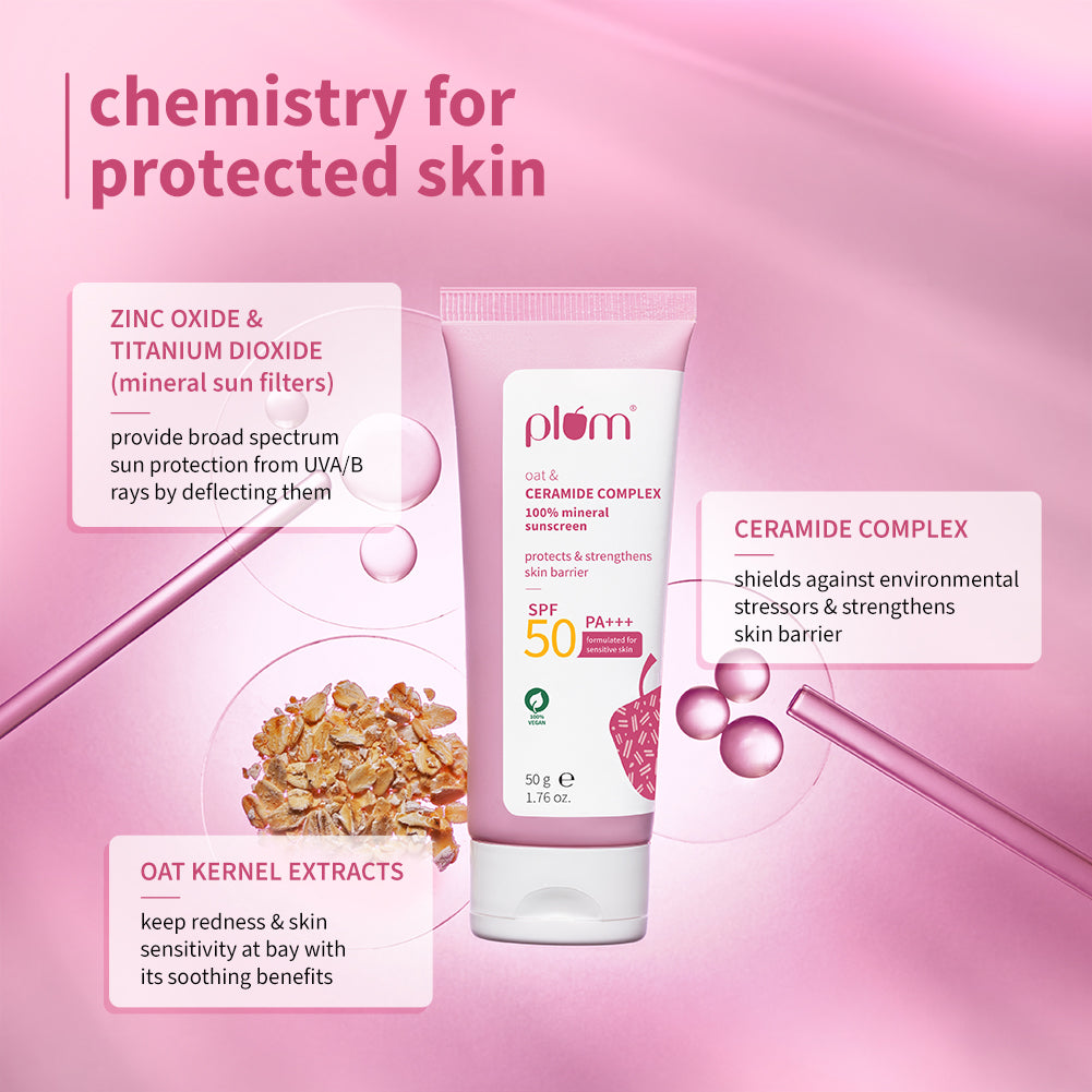 Plum Plum Oat & Ceramide Complex 100% Mineral Sunscreen | Spf 50 PA+++ | No White Cast | For Sensitive Skin | Gynaecologist & Pediatrician Trusted | Strengthens Skin Barrier | Lightweight, Non-Oily | Men & Women, 50g