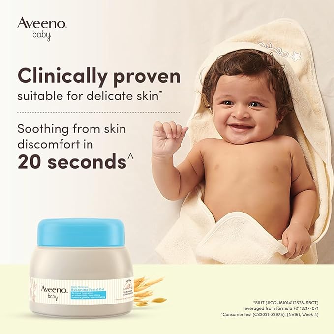 Aveeno baby jar with a smiling baby wrapped in a towel, featuring text about clinical proven benefits.