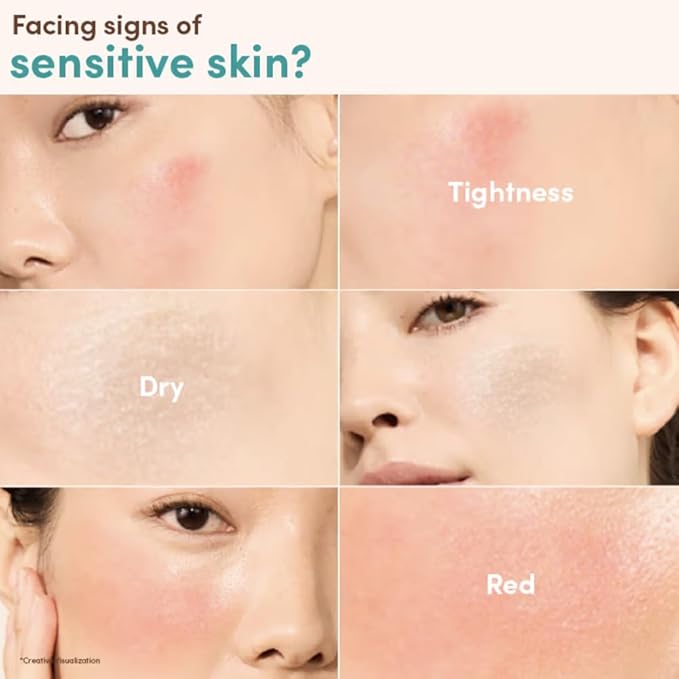 Collage of skin conditions labeled as 'Tightness', 'Dry', and 'Red' on a person's face.
