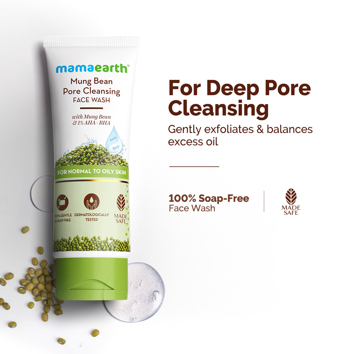 Mamaearth Mung Bean Pore Cleansing Face Wash with Mung Bean, AHA & BHA for Normal to Oily Skin, 100ml - Buy from Indicrest