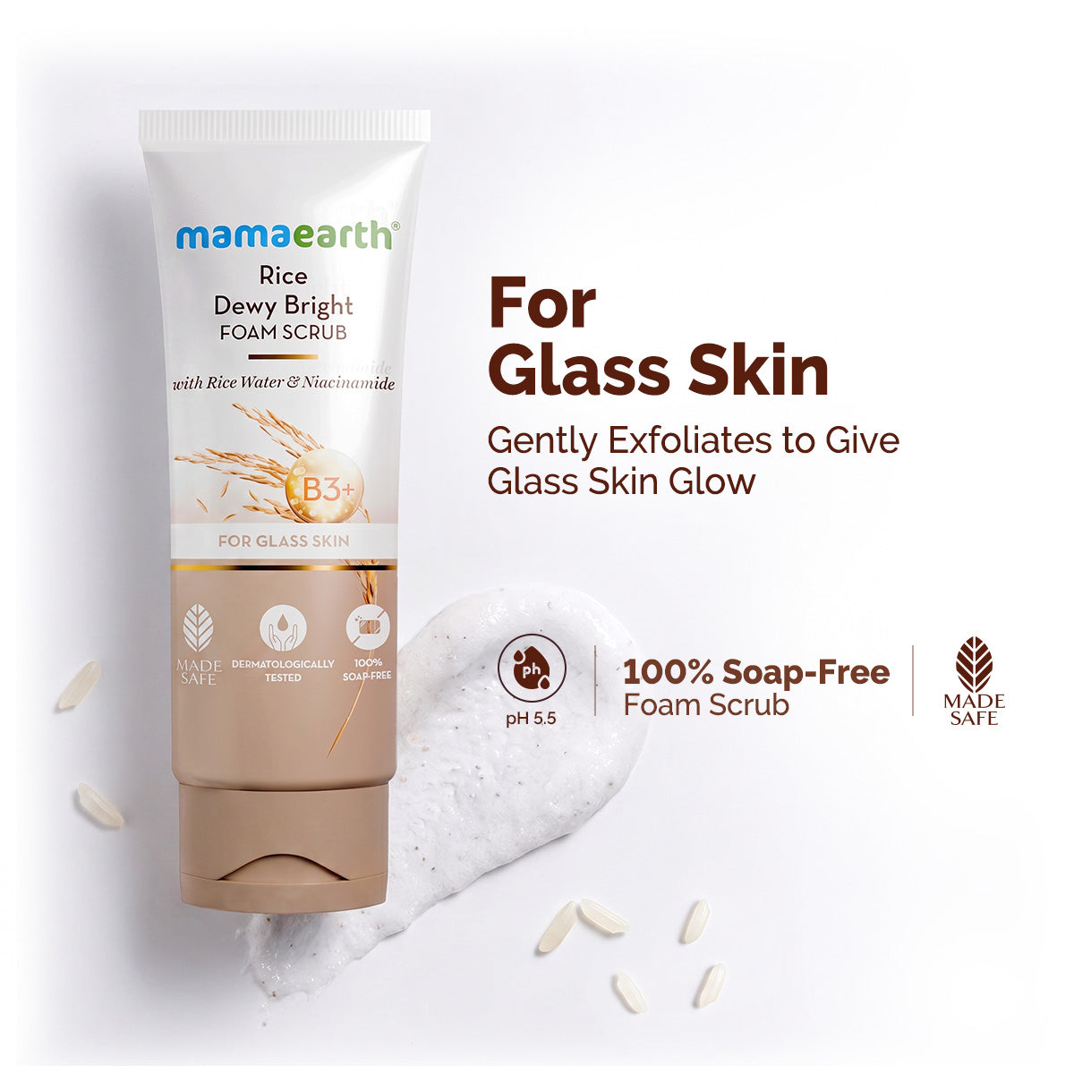 Mamaearth Rice Dewy Bright Foam Scrub with Rice Water & Niacinamide for Glass Skin Glow, 100g - Buy from Indicrest