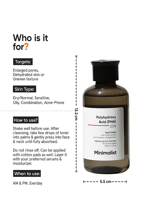 Minimalist Polyhydroxy Acid (PHA) 3% Face Toner For Tightens Pores, Exfoliates, Hydrates &amp; Rebalances Skin Microbiome, 150ml - Image 3 - Buy from Indicrest