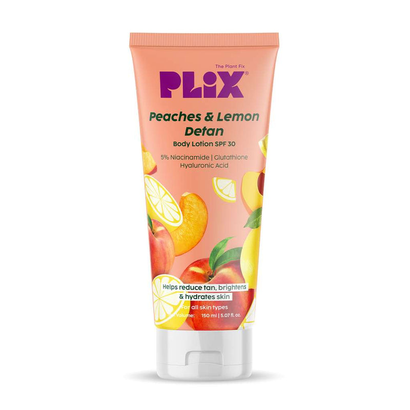 Plix Peaches & Lemon Detan Body Lotion with SPF 30 | Brightens & Moisturizes for Softer Skin, 150ml Buy at Indicrest