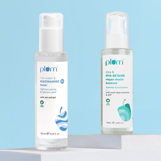 Plum The Glass-ic Duo | Rice Water & 3% Niacinamide Face Toner |Cica & Hya-Betaine Vegan Mucin Face Essence | Brightens Skin | Intense Hydration | Smoothens Skin Texture | Soothing & Rejuvenating Buy at Indicrest