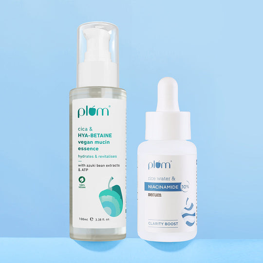 Plum Brightening & Hydrating Combo | Cica & Hya-Betaine Vegan Mucin Face Essence | Rice Water & 10% Niacinamide Face Serum | Brightens Skin | Fades Blemishes | Intense Hydration | Soothing & Rejuvenating Buy at Indicrest