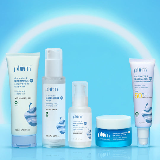 Plum Niacinamide Bright & Clear Skin Combo | Face Wash, Toner, Serum, Gel Moisturizer & SPF 50 PA+++ Sunscreen | Brightens Skin | Fades Blemishes | Smoothens Skin Texture | For All Skin Types Buy at Indicrest