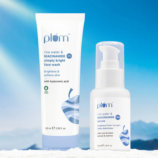 Plum Skin Brightening Combo | Rice Water & 2% Niacinamide Face Wash | Rice Water & 10% Niacinamide Face Serum | Brightens Skin | Fades Blemishes | Gently Cleanses | All Skin Types Buy at Indicrest