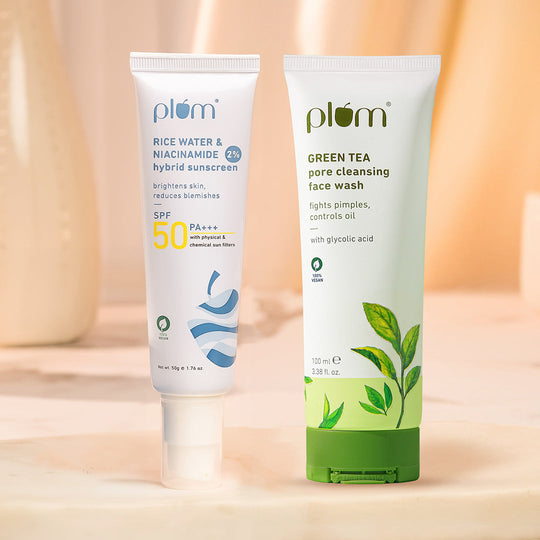 Plum Cleanse & Protect Duo For Oily Skin | Green Tea Pore Cleansing Face Wash 100ml | Rice Water & NiacinamideSunscreen 50g | Brightens Skin|UVA & UVB Protection | Fights Pimples | Controls Excess Oil Buy at Indicrest