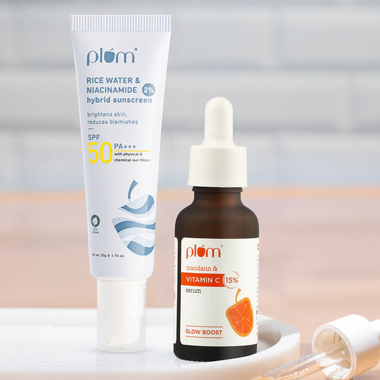 Plum Glow & Protect Duo | 15% Vitamin C Serum 30ml | Rice Water & NiacinamideSunscreen 50g | Boosts Glow | Fades Dark Spots | Brightens Skin| UVA & UVB Protection Buy at Indicrest