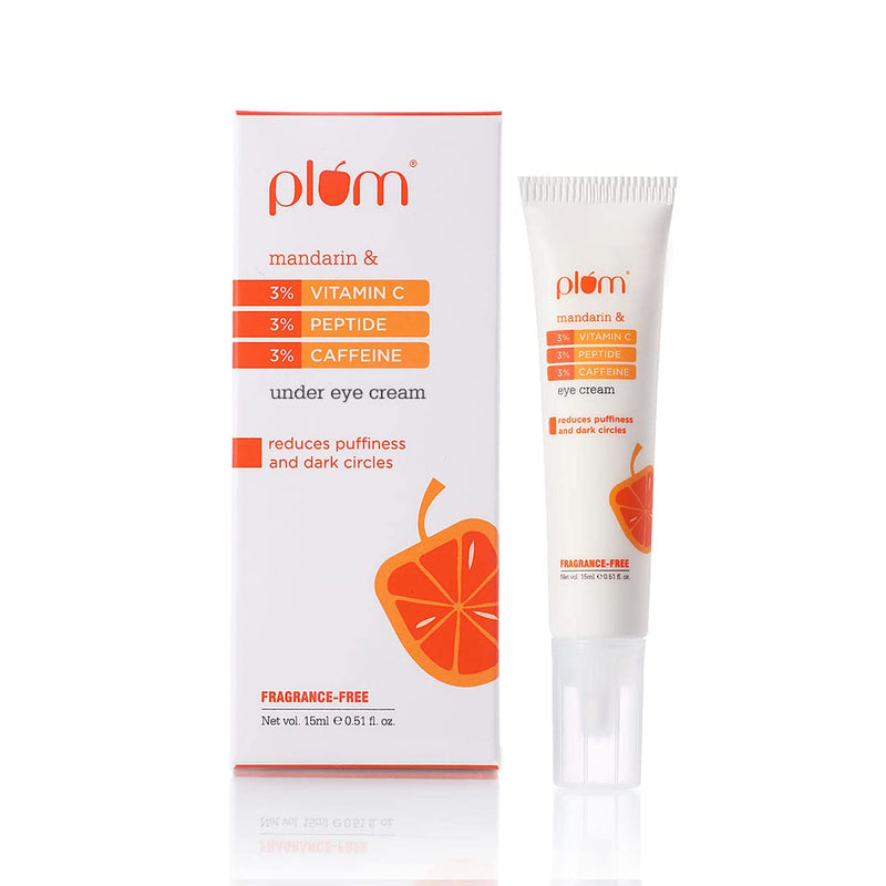 Plum 3% Vitamin C, 3% Peptide & 3% Caffeine Under Eye Cream with Mandarin | Boosts Glow | Fades Dark Spots | Reduces Puffiness, 15ml Buy at Indicrest