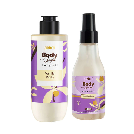 Plum Smell Like A Vanilla Cupcake Duo by Plum BodyLovin' Vanilla Vibes Body Mist, 150ml | Plum BodyLovin' Vanilla Vibes Body Oil, 200ml | Warm Vanilla Fragrance Buy at Indicrest