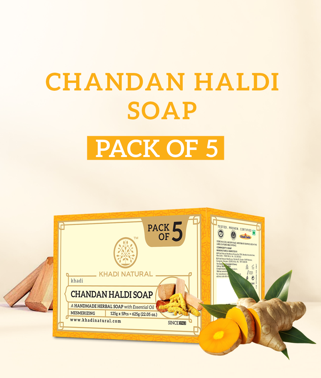 Khadi Natural Chandan Haldi Soap Combo Value Pack of 5 - 125gm Each - Image 7 - Buy from Indicrest