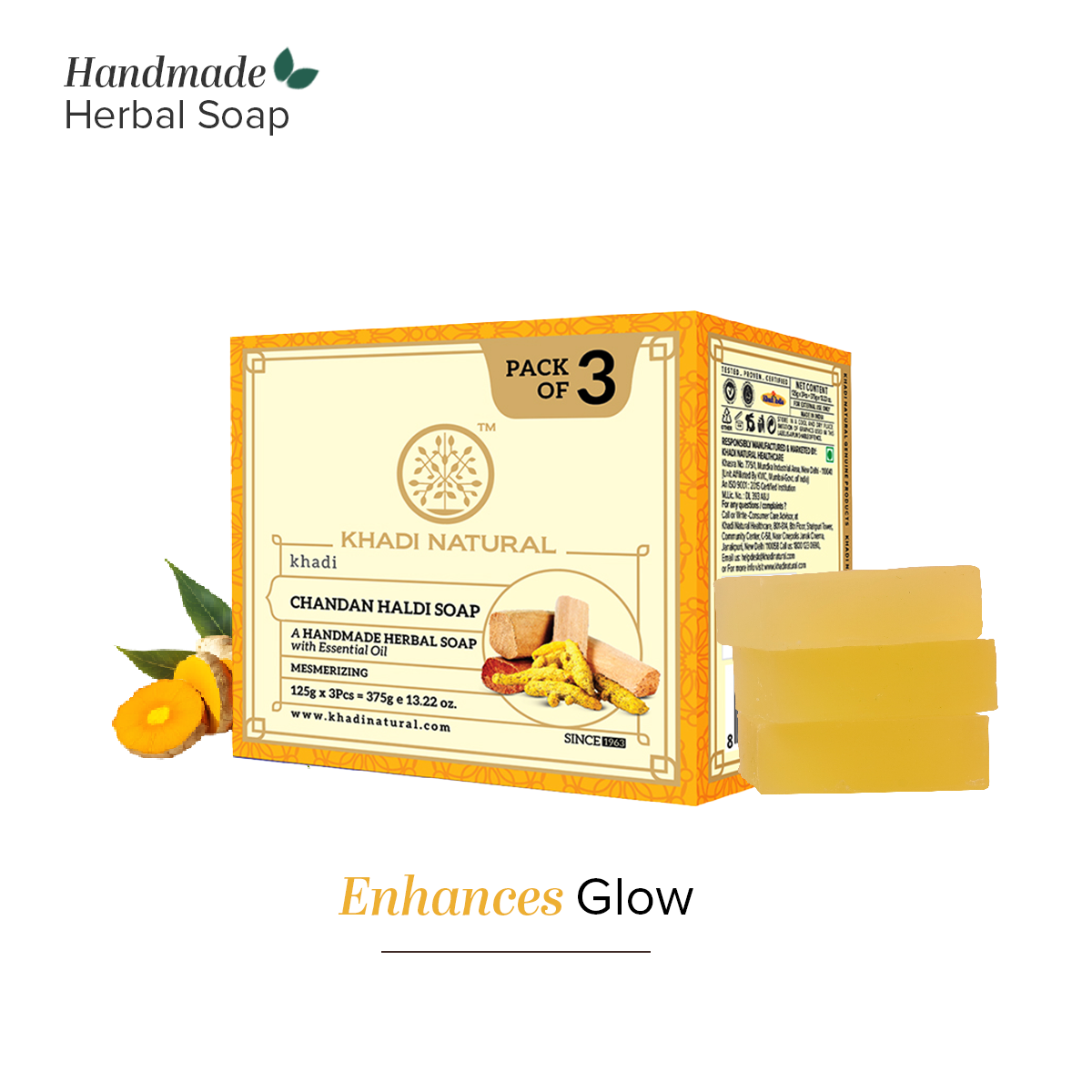 Khadi Natural Herbal Chandan Haldi Soap Combo Pack Of 3 – 125gm Each - Image 8 - Buy from Indicrest